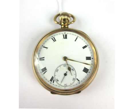 A 9ct yellow gold cased open face pocket watch by Rolex, the white enamel dial with black Roman numerals and second hand sect
