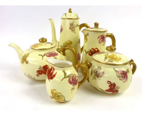 A Royal Worcester five piece bamboo handled tea and coffee set, the cream ground decorated with flowers, p.d.c.m. 1891   COND