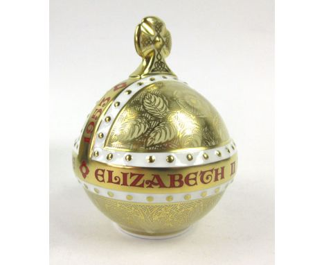 A cased Royal Crown Derby paperweight modelled as the 'Coronation Orb' by Hugh Gibson, 185/950, with gold stopper and c.o.a.,