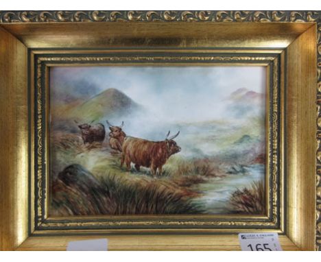 James Skerrett (formerly of Royal Worcester),a study of cows in a highland setting,signed,watercolour on porcelain plaque,12.