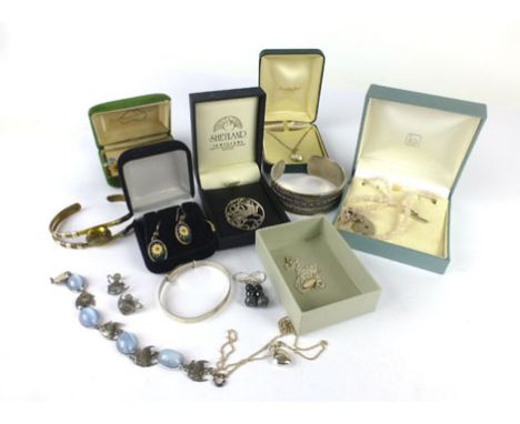 A mixed parcel of silver and metalware jewellery including a pair of micro mosaic earrings, a similar ring, a bangle, a brooc