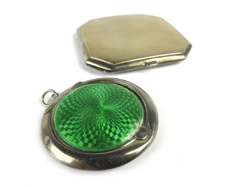 A silver engine turned compact of octagonal form, together with a silver and gillouche enamel compact of circular form, vario