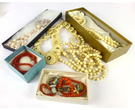 A mixed parcel of bone, coral, jade and other beaded necklaces and costume jewellery (qty)