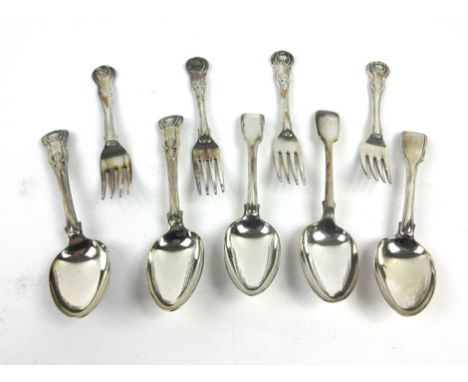 A small parcel of Georgian and later silver flatware consisting three Kings pattern dessert forks, two Kings pattern dessert 
