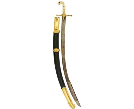 AN EARLY 19TH CENTURY INDIAN CAVLARY OFFICER'S MAMELUKE, 80.5cm curved clipped back blade with traces of gold calligraphy or 