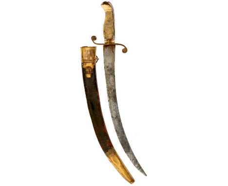 A GEORGIAN NAVAL DIRK, 35cm sharply curved clipped back blade, regulation copper gilt hilt with S-guard, chequered ivory grip