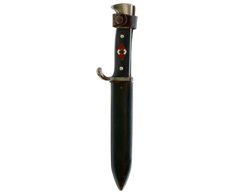 A THIRD REICH HITLER YOUTH DAGGER, 14cm blade etched RZM 7/72, dated 1939 and with ornate motto panel, plated hilt, chequered