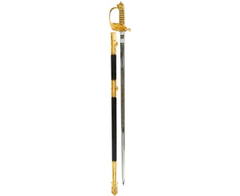 A CLEAN EIIR NAVAL OFFICER'S SWORD, 79cm bright blade etched with scrolling ropes and oak leaves, crowned fouled anchor and a