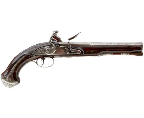 AN 18TH CENTURY 20-BORE FLINTLOCK HOLSTER PISTOL BY RICHARDS, 8inch two-stage barrel decorated with flowerheads, border engra