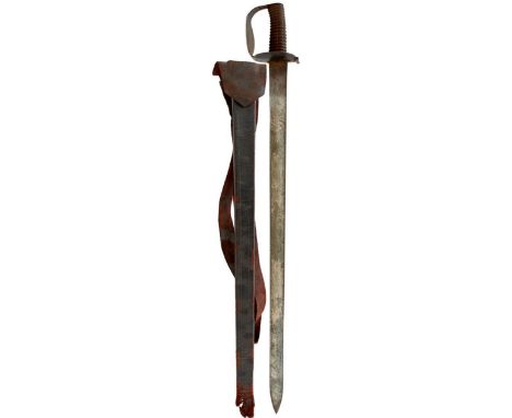 A SCARCE 1804 PATTERN NAVAL CUTLASS ENSEMBLE, 74.5cm blade, regulation figure of eight hilt, chequered iron grip, contained i