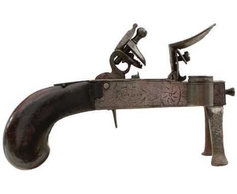 AN 18TH CENTURY PRUSSIAN FLINTLOCK TINDER LIGHTER BY KLETT, characteristic steel body with border and scroll engraved decorat