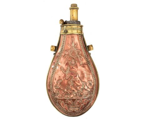 TWO EMBOSSED CONTINENTAL COPPER POWDER FLASKS, the first decorated with opposing griffin amidst foliate sprays, the second wi