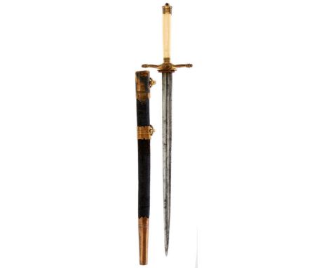 A GEORGIAN NAVAL DIRK, 34.25cm fullered blade, stained, regulation copper gilt hilt with tapering ivory grip, contained in it