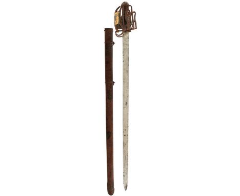 A PRESENTATION SCOTTISH BASKET HILTED BACK SWORD BY GILL, 83.5cm blade etched with scrolling foliage, a family crest and mott