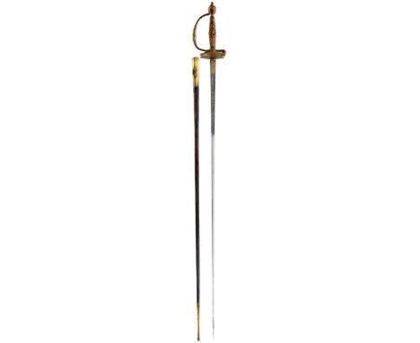 A FRENCH SMALL SWORD, 84.5cm incurved triangular section blade etched and gilt with scrolls against a blued ground and maker'