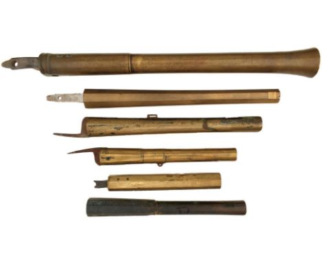 SIX VARIOUS 19TH CENTURY BRASS BARRELS, the first by Barbar for a blunderbuss and converted to percussion, the remainder of p