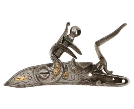 A CONTINENTAL FLINTLOCK MECHANISM, border and scroll engraved lock with traces of brass inlay, together with a Wilkinson plat