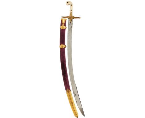 A 9TH LANCER'S OFFICER'S MAMELUKE BY PROSSER, 80.5cm curved clipped back blade, double edge at the tip, etched with crowned c