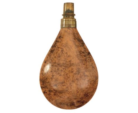 THREE VARIOUS SCANDINAVIAN PRIMING FLASKS, the first of polished burr wood with turned brass nozzle, the second of leather wi