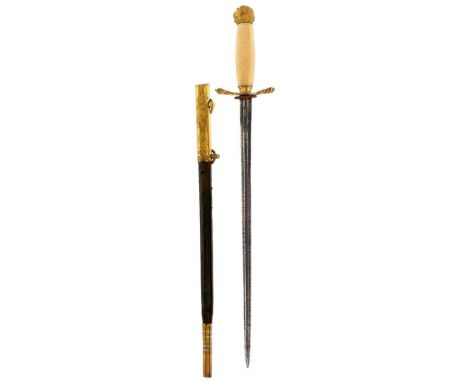 A GEORGIAN NAVAL DIRK, 35cm fullered blade, stained, regulation copper gilt hilt with ropetwist guard, lion's head pommel, ch