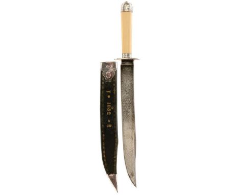 A SILVER MOUNTED PRESENTATION BOWIE KNIFE, 24cm clipped back blade etched with scrolling foliage to either side, hallmarked s