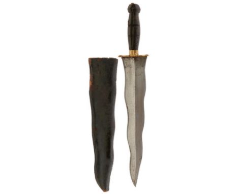 A 19TH CENTURY NAGA DAGGER OR KNIFE, 26cm wavy blade with raised medial ridge, shaped brass crossguard, turned wooden grip, c