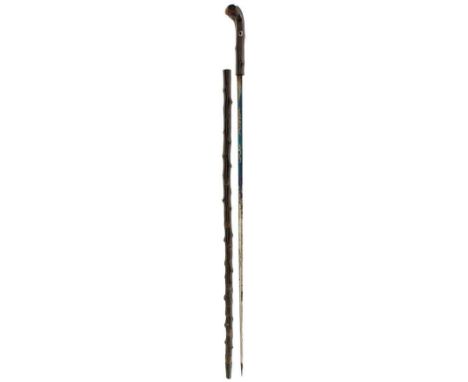 A 19TH CENTURY SWORDSTICK, 68cm flattened triangular section fullered blade decorated with gilt scrolls on a blued ground for