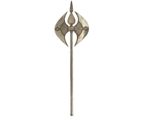 A LATE 19TH CENTURY INDIAN TABAR OR AXE, 87cm over all length, the double head chiselled with scrolling foliage, flowerheads 