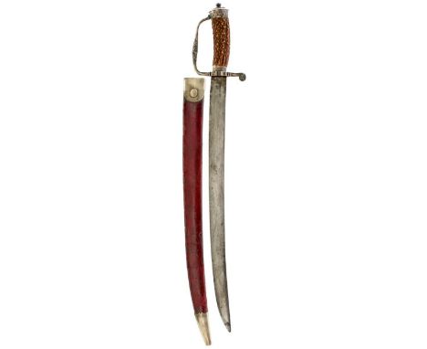 A SCARCE 17TH CENTURY SILVER HILTED ENGLISH HUNTING SWORD, 48cm slightly curved blade, characteristic hilt with D-shaped knuc