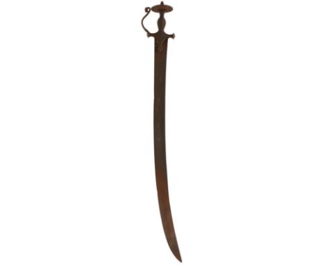 A LATE 18TH CENTURY INDIAN TULWAR OR SWORD, 76cm curved triple fullered blade, characteristic hilt with scrolling knuckle gua