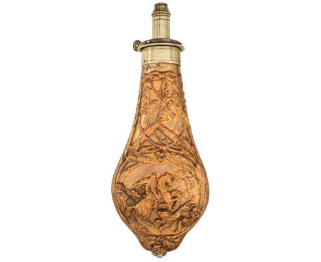 A RARE FINE QUALITY PLATED AND GILT CAST COPPER POWDER FLASK, decorated to the front in deep relief with stands of arms, palm