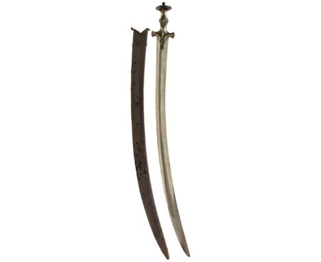 A 19TH CENTURY INDIAN TULWAR, 78.5cm clean curved blade stamped with three characters on the back edge, characteristic steel 