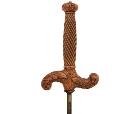 A 19TH CENTURY CONTINENTAL SWORDSTICK, 28.5cm flattened diamond section blade with traces of foliate decoration, carved fruit