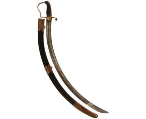 A GEORGIAN LIGHT COMPANY OFFICER'S SABRE, 77.5cm sharply curved blade, regulation copper stirrup hilt, wire bound leather cov