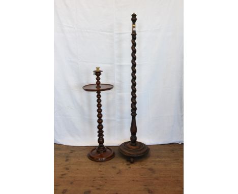 An oak barley twist standard lamp and an oak candle stand.  Est £10-20
