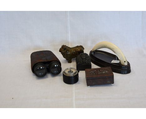 A German desk barometer, a turned wooden ashtray, three wooden pots and covers, a pair of binoculars by W Heath & Co of Plymo