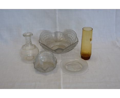 A glass beer mug with etched leaf decoration, a moulded glass basket, a fruit bowl and sundry glass plates, pots and covers e