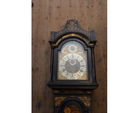 A 19th century black lacquered chinoiserie longcase clock, the hood with pagoda top above an arched glazed door flanked by co