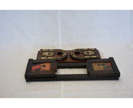 A Victorian extending bookshelf with stylised cross decoration (af).  13ins wide and a similar oak ditto with transfer decora