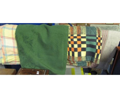 Three vintage check blankets together with a floral and green throw. (5)(B.P. 24% incl. VAT)