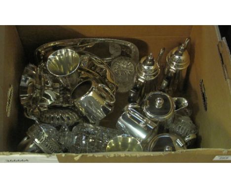Box of assorted metalware and glass to include: plated goblets; pedestal bonbon dishes; coffee pots; teaware items etc. toget