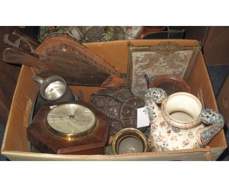 Box of assorted items to include: Short and Mason, London, oak hexagonal barometer; vintage bellows; Art Deco design and chro