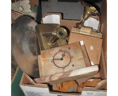 Tray of assorted items, various, to include: onyx Art Deco style mantel clock; pair of brass candlesticks; carved wooded bird