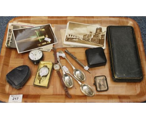Tray of assorted items to include: postcards; silver pocket watch; silver fob watch; wristwatch; yellow metal pocket watch; s