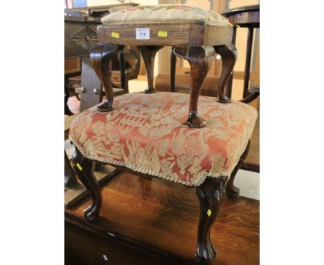 Victorian mahogany upholstered stool on cabriole legs together with a 20th Century tapestry decorated stool on cabriole legs.