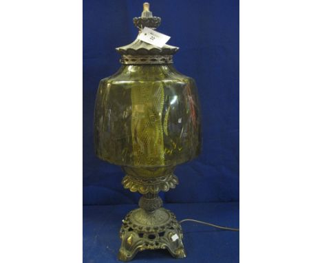 Modern yellow metal table lamp of large proportions with coloured glass shade.(B.P. 24% incl. VAT)