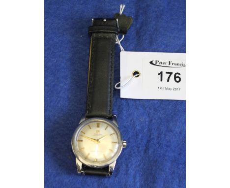 Omega vintage steel gentleman's automatic wristwatch with satin face, having gilt baton numerals and seconds dial.  Leather s