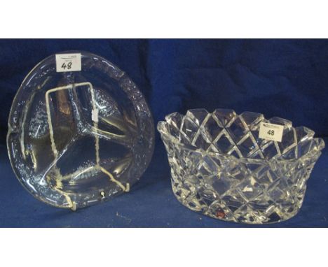 Swedish Pukeberg leaf shaped glass three section hors d'oeuvres dish, together with a heavy Orrefors Swedish oval hob nail cu