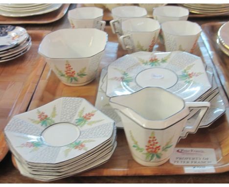 Tray of C.W.S. Windsor china Art Deco design florally enamelled teaware comprising: teacups and saucers; milk jug; sucrier an