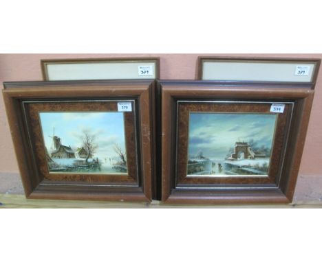 Pair of modern furnishing studies in the Dutch taste, skating scenes, oils on panel, together with a pair of framed prints af